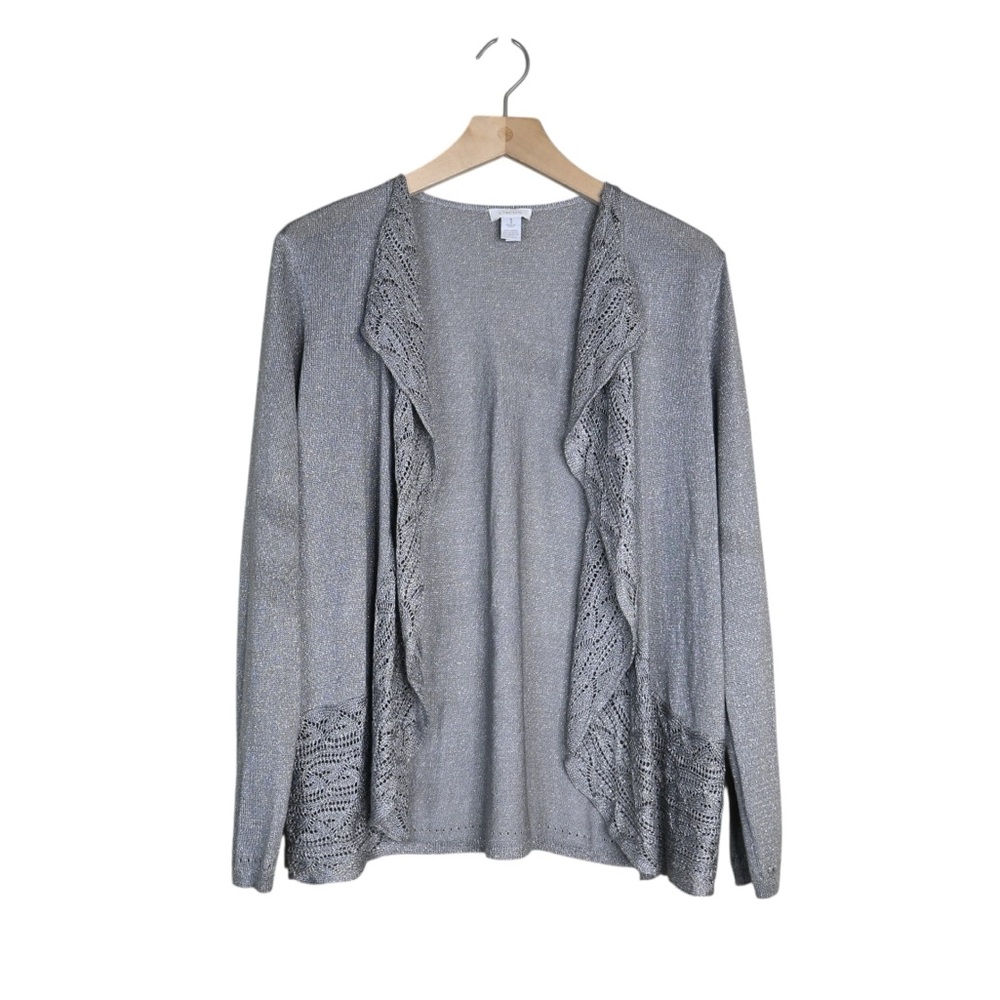 Chico's Women's M Chico's Size 1 Silver with Metallic Thread Open Front Cardigan